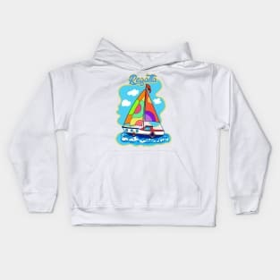 Summer boat kids are a great adventure for sailing with children. Travel in a boat with sails, Beautiful Sea, Sky, blue boat with sail illustration. Kids Hoodie